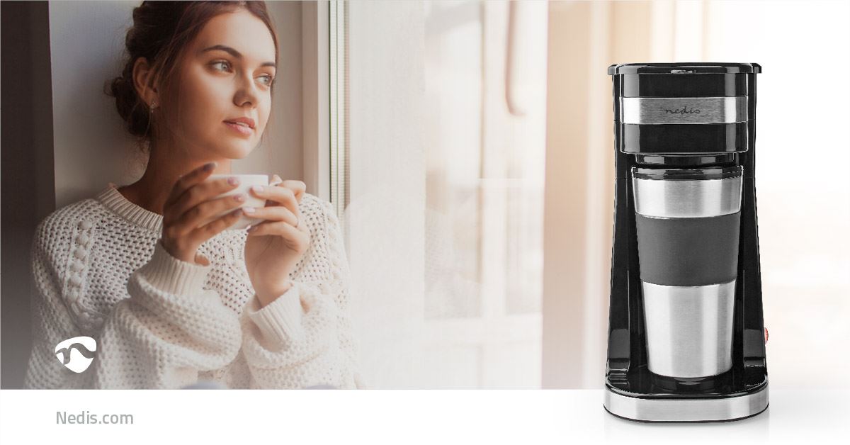 Nedis Single Serve Coffee Maker with 400ml Travel Mug, Double Wall Insulated, Stainless Steel, with Reusable Filter