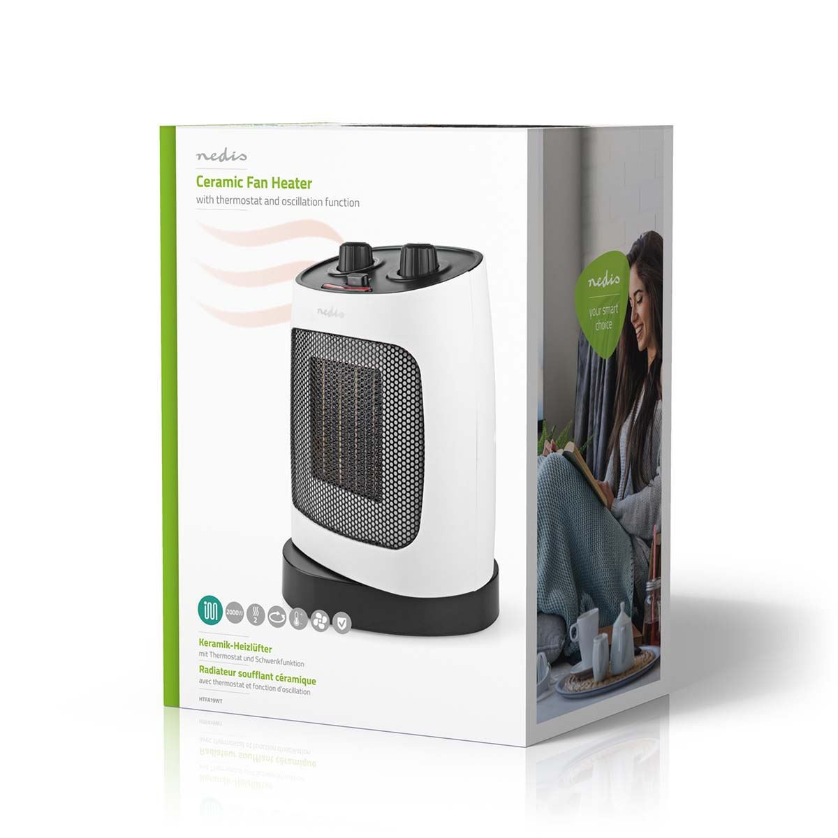 Nedis Ceramic PTC Fan Heater | 1000 / 2000 W | 2 Heat Modes | Adjustable thermostat | Rotates automatically | Overheating protection | Fall over protection