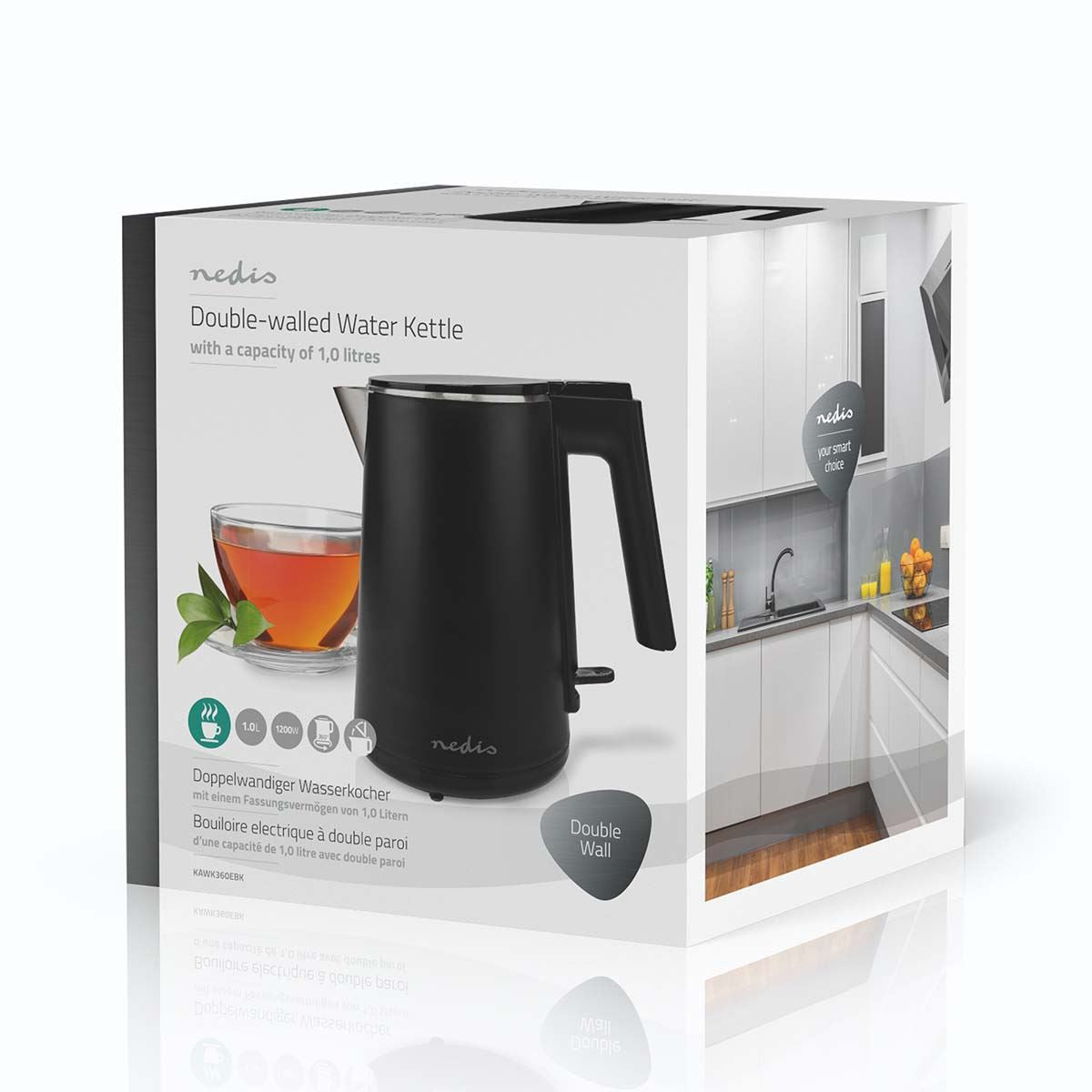 Nedis Electric Kettle | 1.0 l | Plastic | Black | Rotatable 360 degrees | Concealed heating element | Strix® controller | Boil-dry protection