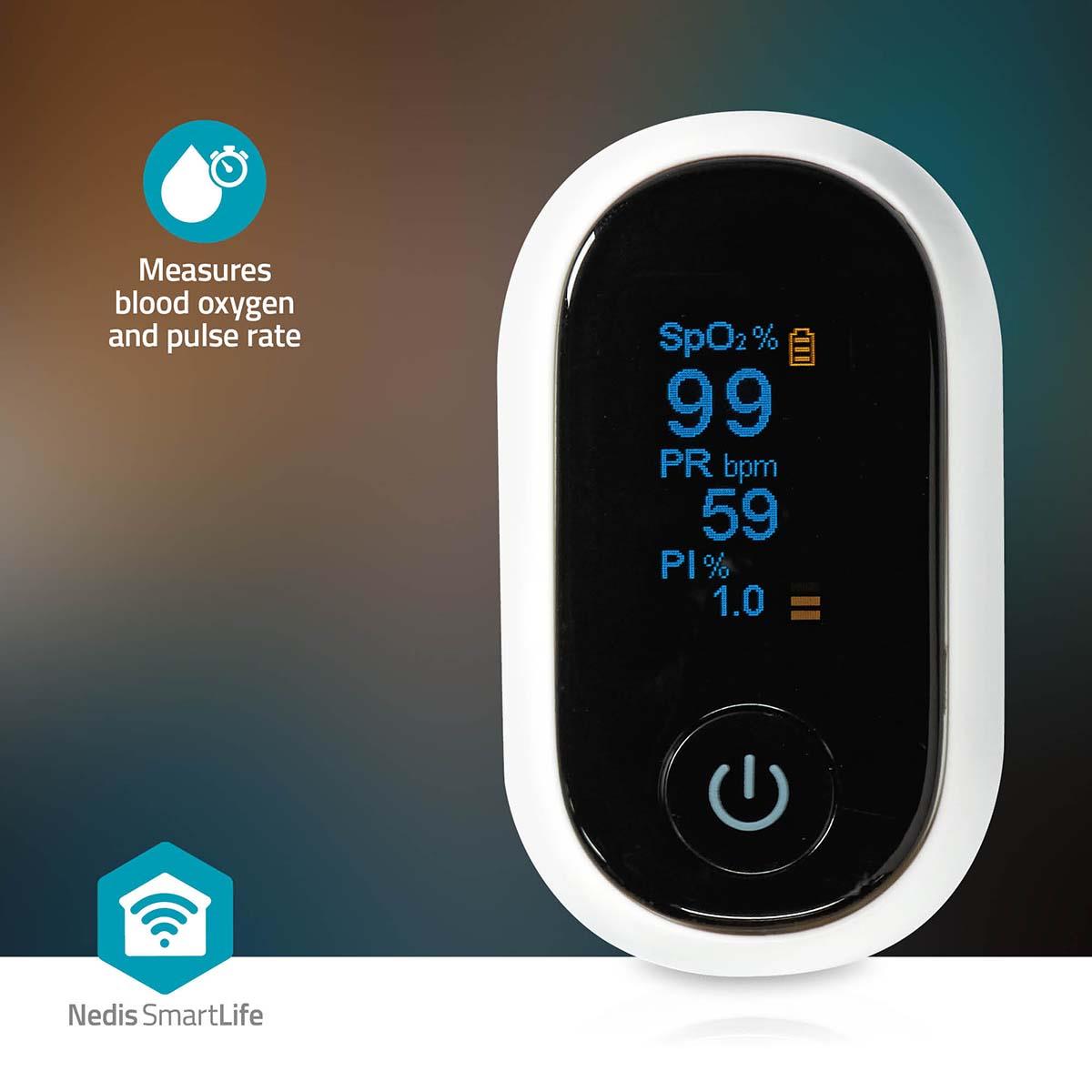 Nedis SmartLife Pulse Oximeter | Bluetooth® | OLED Display | Anti-movement interference / Auditory alarm / High precision sensor / Oxygen saturation (SpO2) / Perfusion index (PI) / Pulse rate (PR) | White