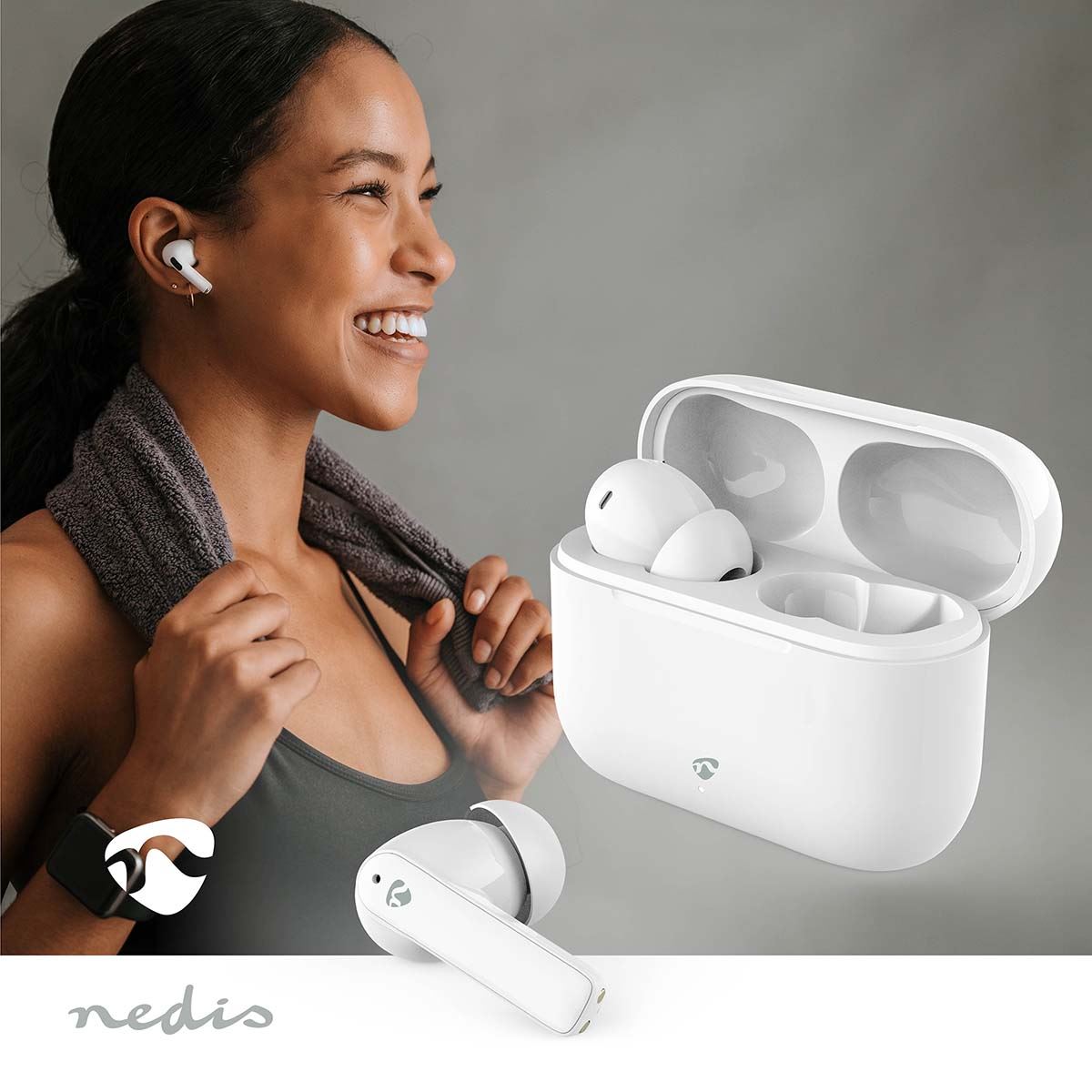 Nedis Fully Wireless Earphones | Bluetooth® | Battery play time: 24 hrs | Touch Control | Charging case | Wireless charging case | Built-in microphone | Voice control support | Noise canceling | IPX4 | White