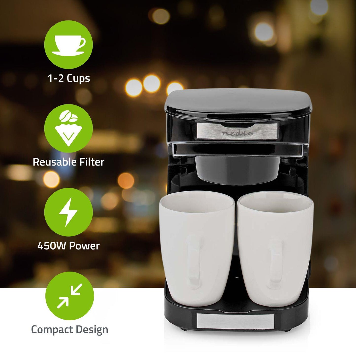 Nedis Coffee Maker | Filter Coffee | 0.25 l | 2 Cups | Black
