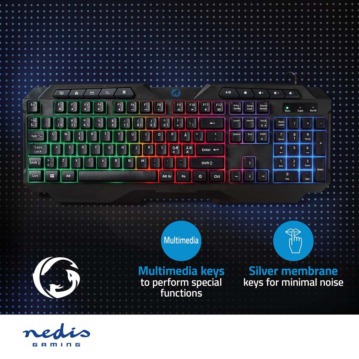 Nedis Wired Gaming Keyboard | USB Type-A | Membrane Keys | LED | QWERTY | US Layout | USB Powered | Power cable length: 1.30 m | Multimedia