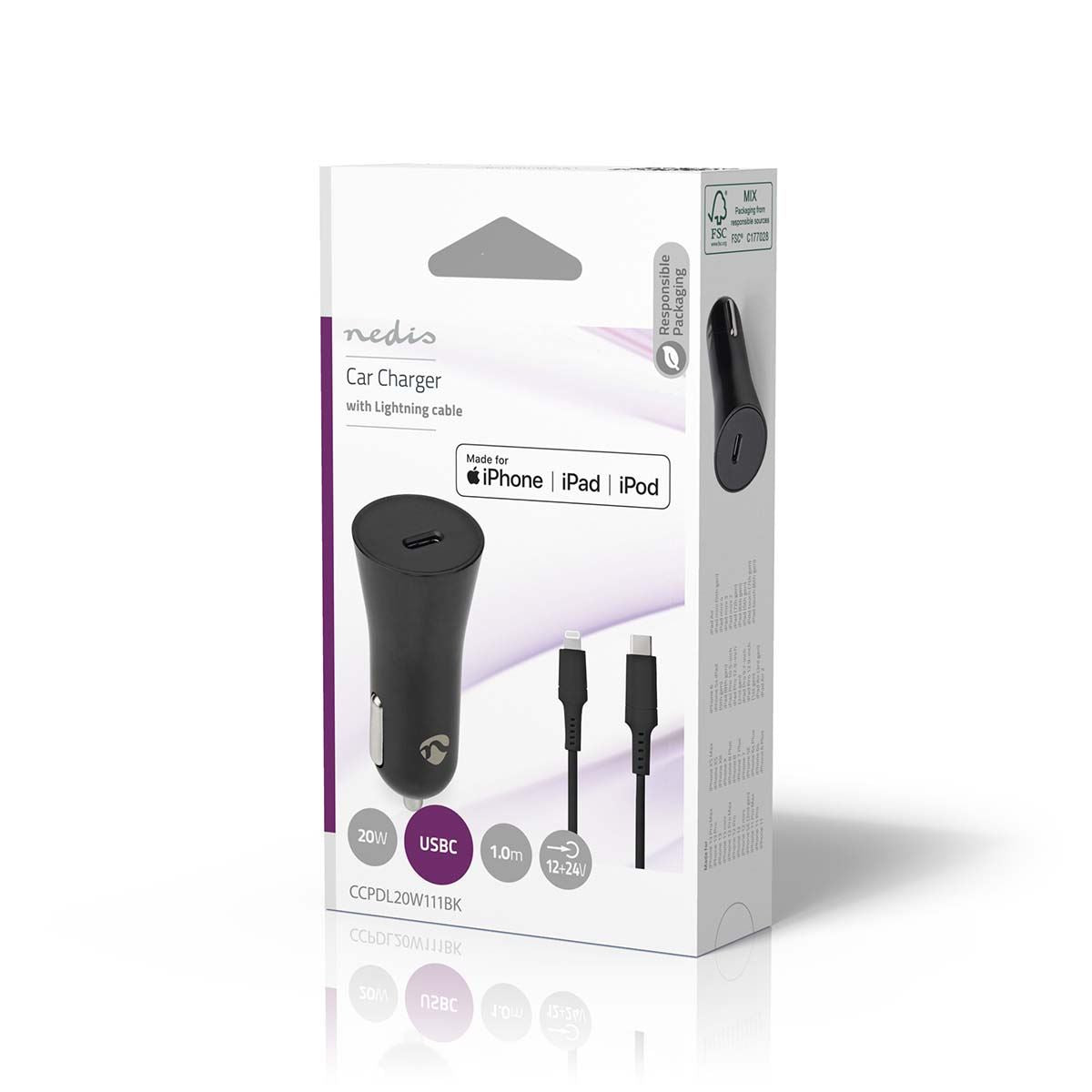 Nedis Car Charger | 20 W | 1.67 / 2.22 / 3.0 A | Number of outputs: 1 | Port type: USB-C™ | Lightning 8-Pin (Loose) Cable | 1.00 m | Automatic Voltage Selection