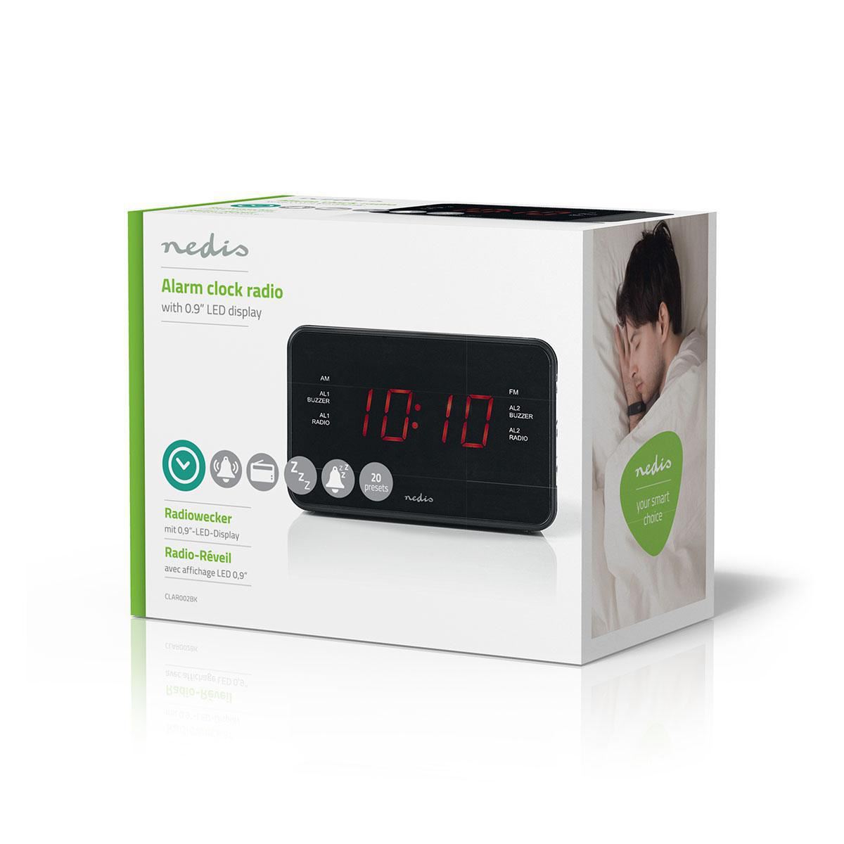 Nedis Digital Alarm Clock Radio | LED Display | 1x 3.5 mm Audio Input | Time projection | AM / FM | Snooze function | Sleep timer | Number of alarms: 2 | Black