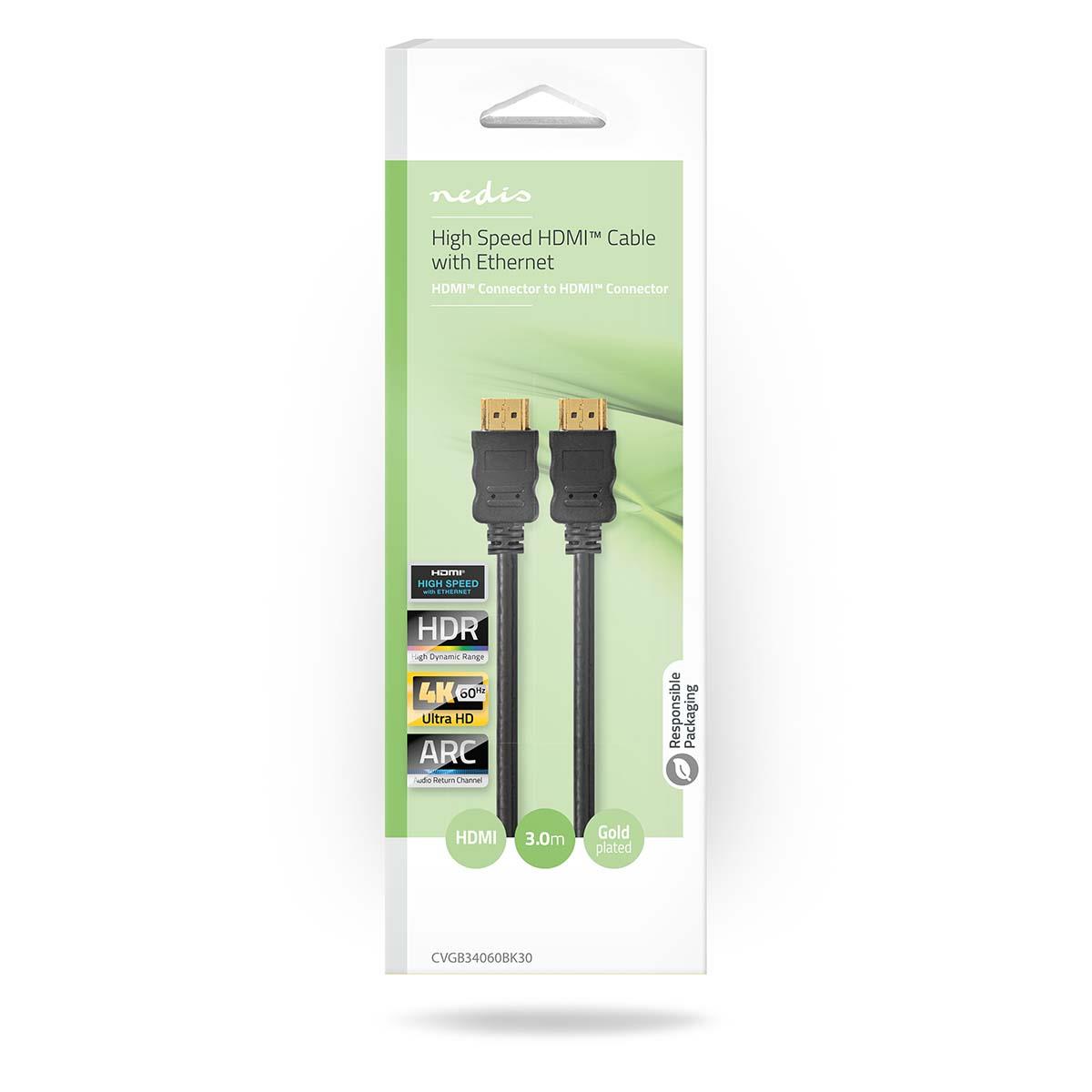 Nedis High Speed HDMI™ Cable with Ethernet | HDMI™ Connector | HDMI™ Connector | 4K@60Hz | ARC | 18 Gbps | 3.00 m | Round | PVC | Black | Box