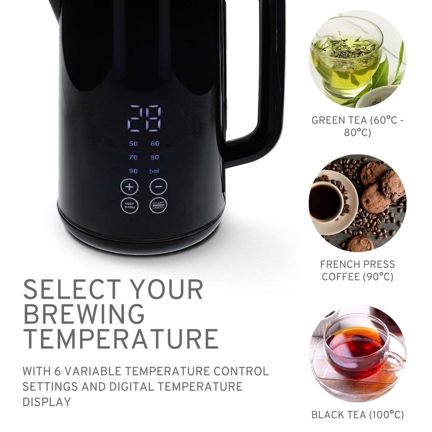 Nedis Electric Kettle | 1.7 l | Plastic | Black | 50,60,70,80,90,100 °C | Temperature indicator | Rotatable 360 degrees | Concealed heating element | Strix® controller | Boil-dry protection