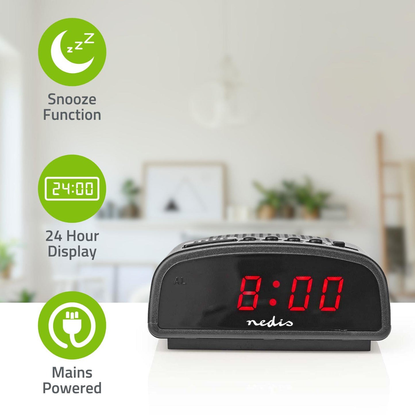 Nedis Digital Desk Alarm Clock | LED Display | Snooze function | No | Black