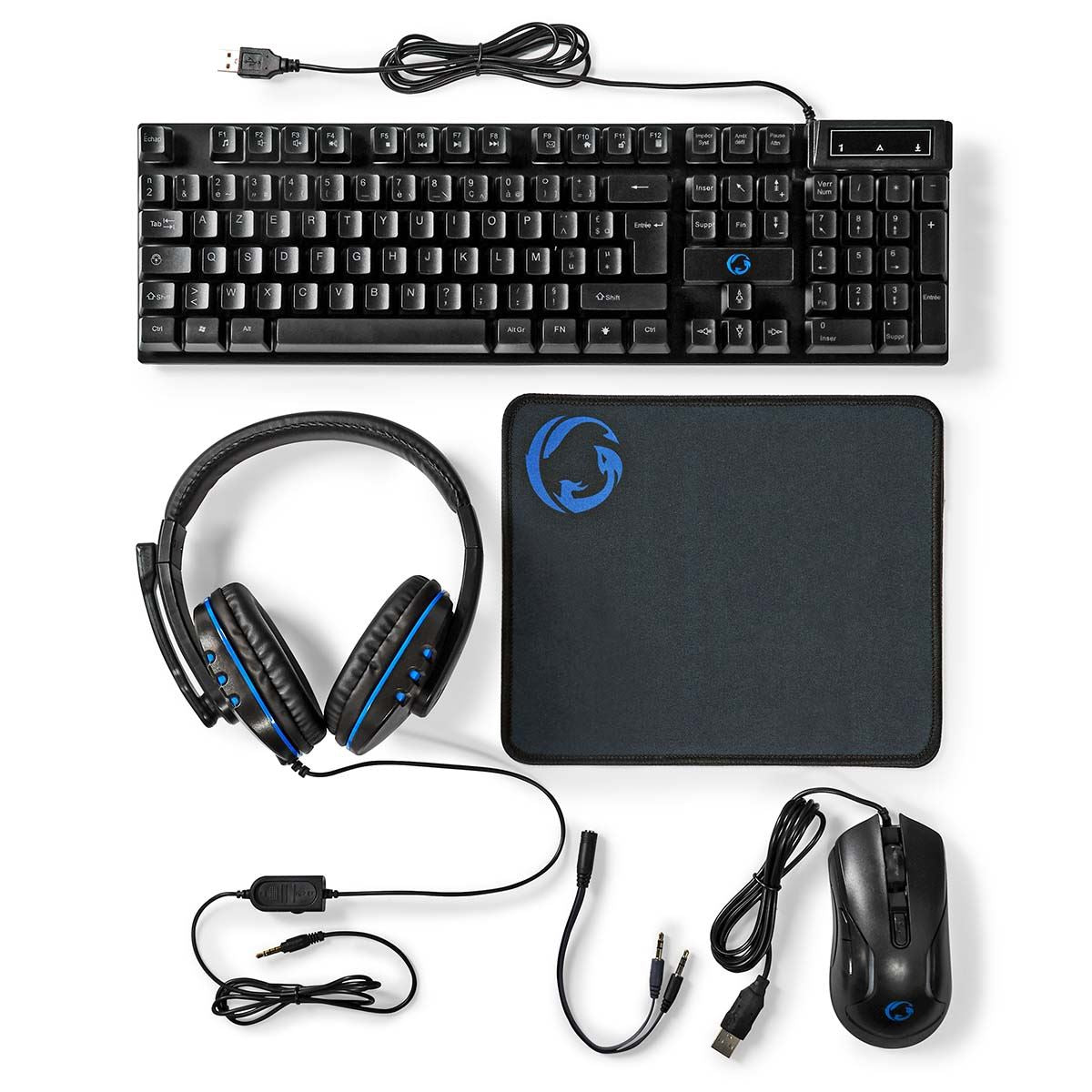 Nedis Gaming Combo Kit | 5-in-1 | Keyboard, Headset, Mouse and Mouse Pad | Black | AZERTY | FR Layout