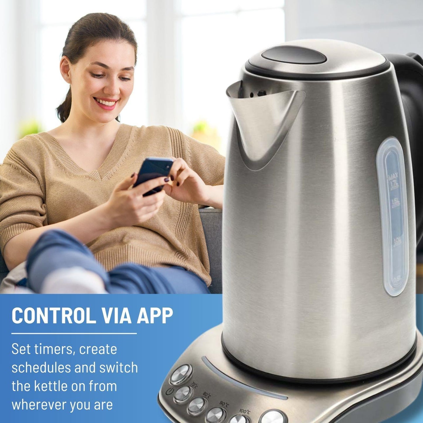 Nedis SmartLife Electric Kettle | Wi-Fi | 1.7 l | Stainless Steel | 70,80,90,100 °C | Temperature indicator | Rotatable 360 degrees | Concealed heating element | Strix® controller | Android™ / IOS