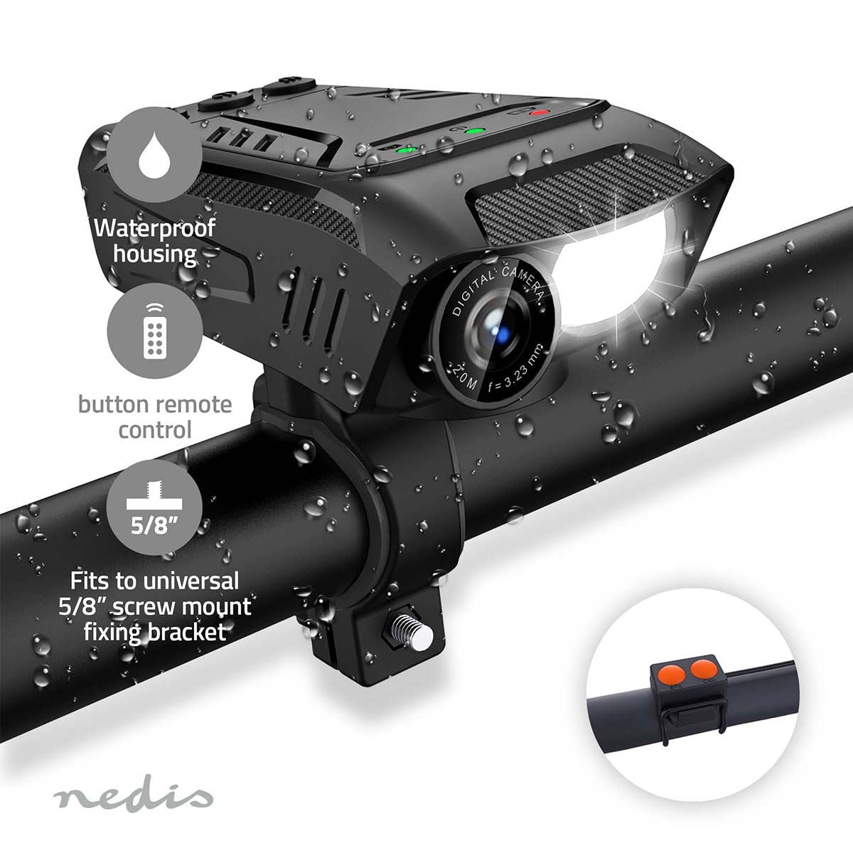 Nedis Cycling Camera | 1080p@30fps | 2 MPixel | 600 min | 70 ° | 300 min | Mounts included | Black