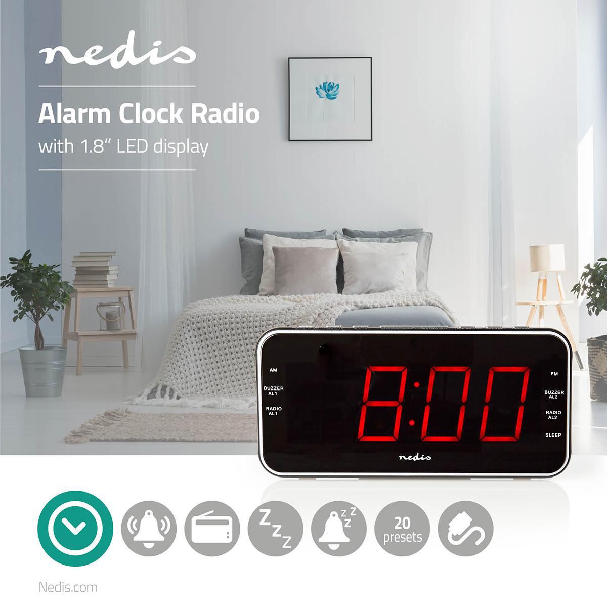 Nedis Digital Alarm Clock Radio | LED Display | 1x 3.5 mm Audio Input | Time projection | AM / FM | Snooze function | Sleep timer | Number of alarms: 2 | Black