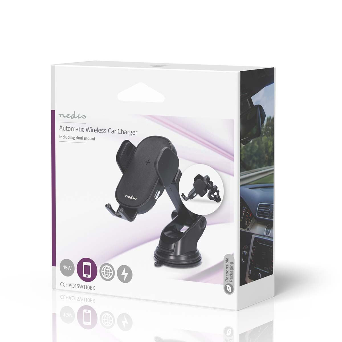 Nedis Wireless Car Charger | 7.5 / 10 / 15 W | 1.5 / 1.67 / 2 A | 1.00 m | FOD / Over Current / Over Voltage / Overheat Protection | USB Type-C™ | Including cable