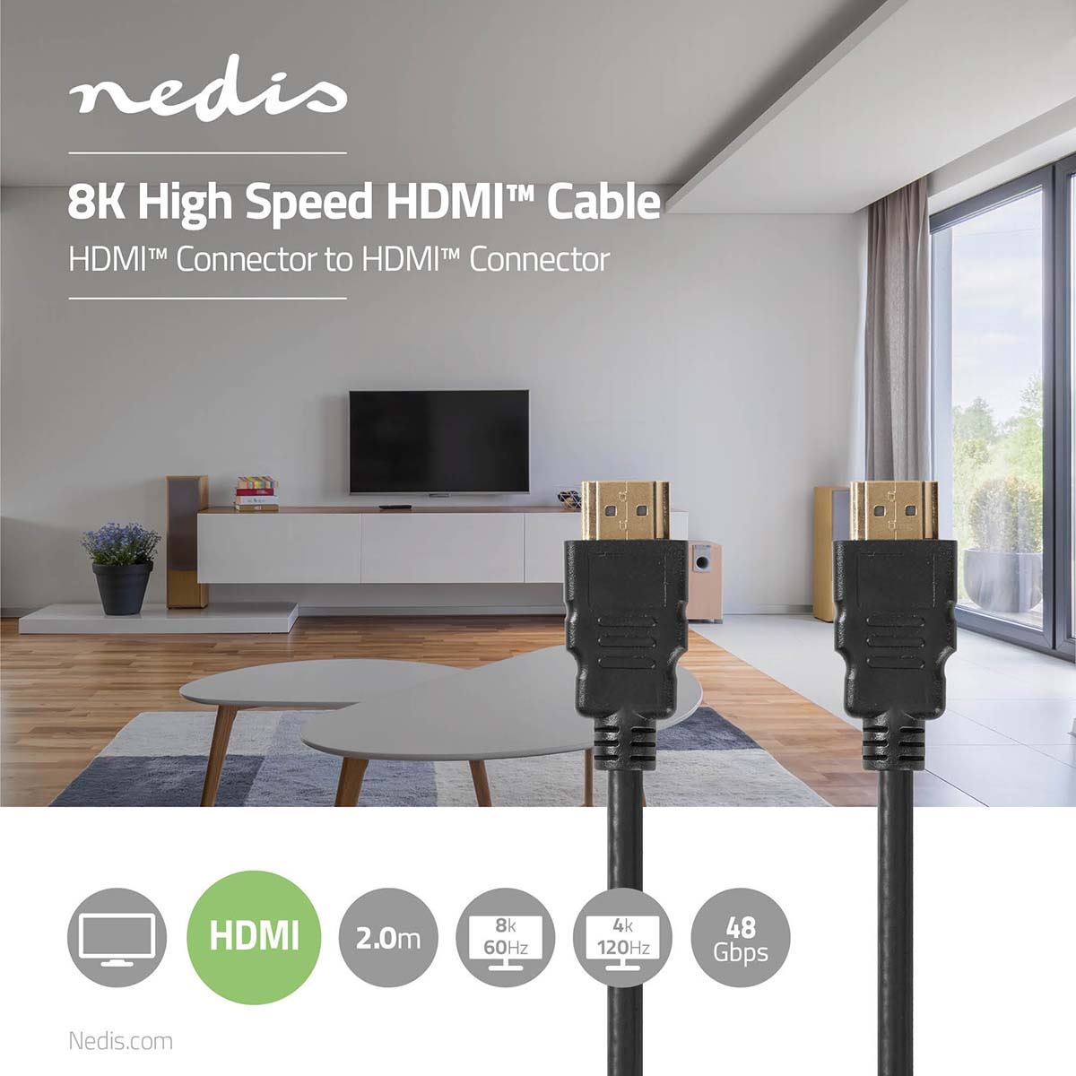 Nedis Ultra High Speed HDMI™ Cable | HDMI™ Connector | HDMI™ Connector | 8K@60Hz | 48 Gbps | 2.00 m | Round | 6.5 mm | Black | Envelope