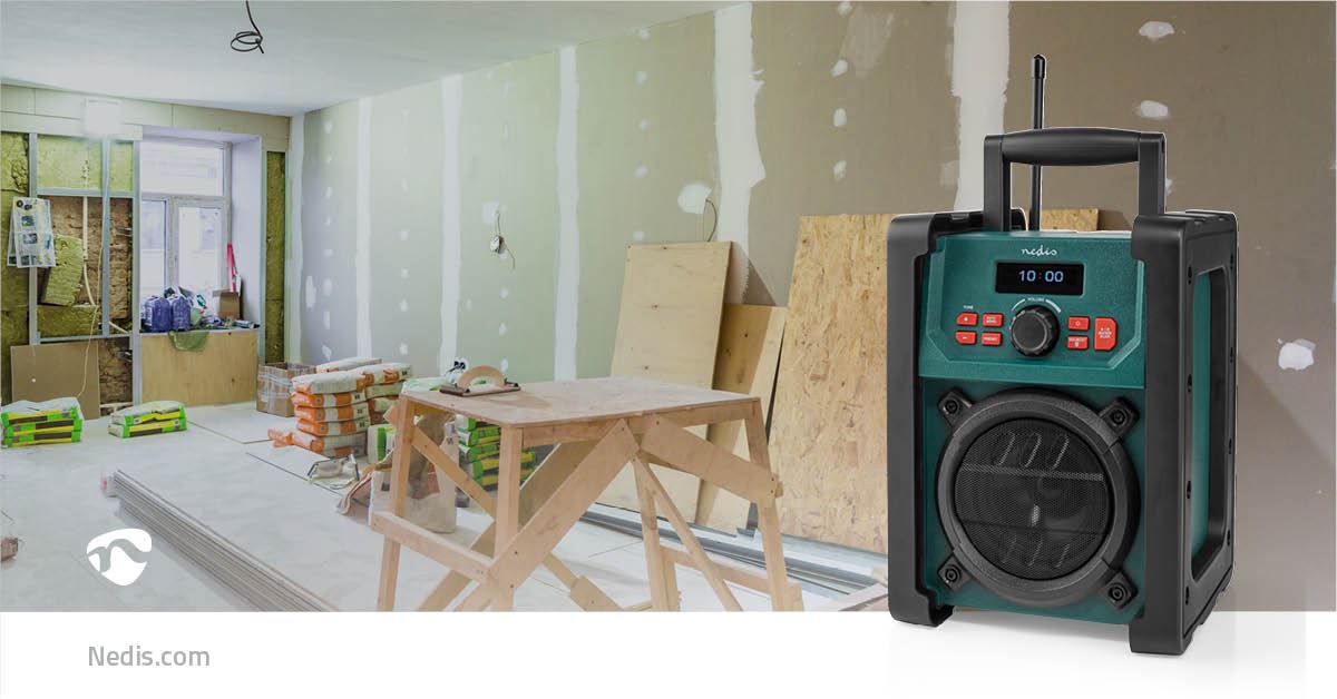 Nedis DAB+ Radio | Jobsite Radio | DAB+ / FM | 2.2 " | Black White Screen | Battery Powered / Mains Powered | Digital | 15 W | Bluetooth® | Alarm clock | Sleep timer | IP65 | Carrying handle | Black / Green