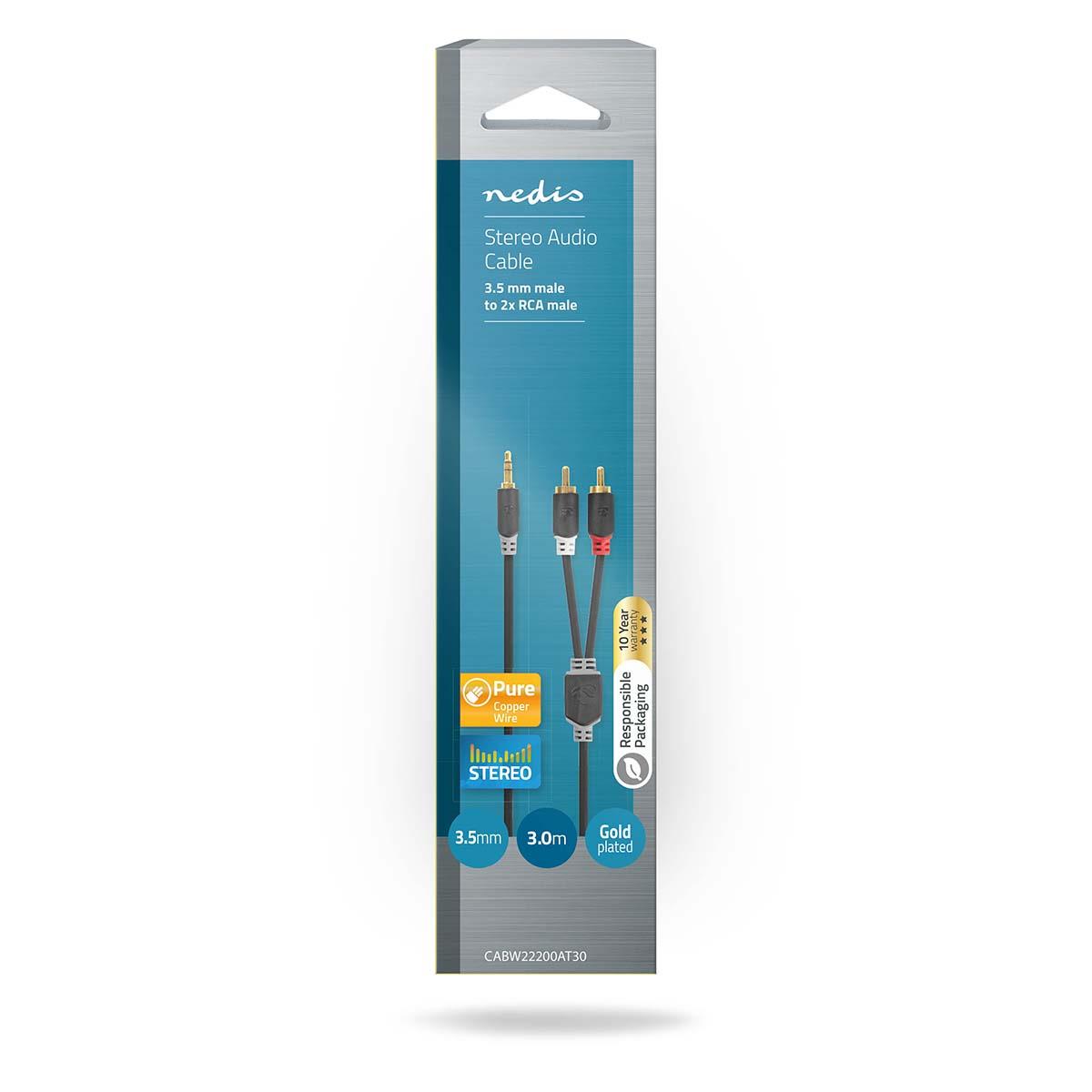 Nedis Stereo Audio Cable | 3.5 mm Male | 2x RCA Male | Gold Plated | 3.00 m | Round | Anthracite | Box