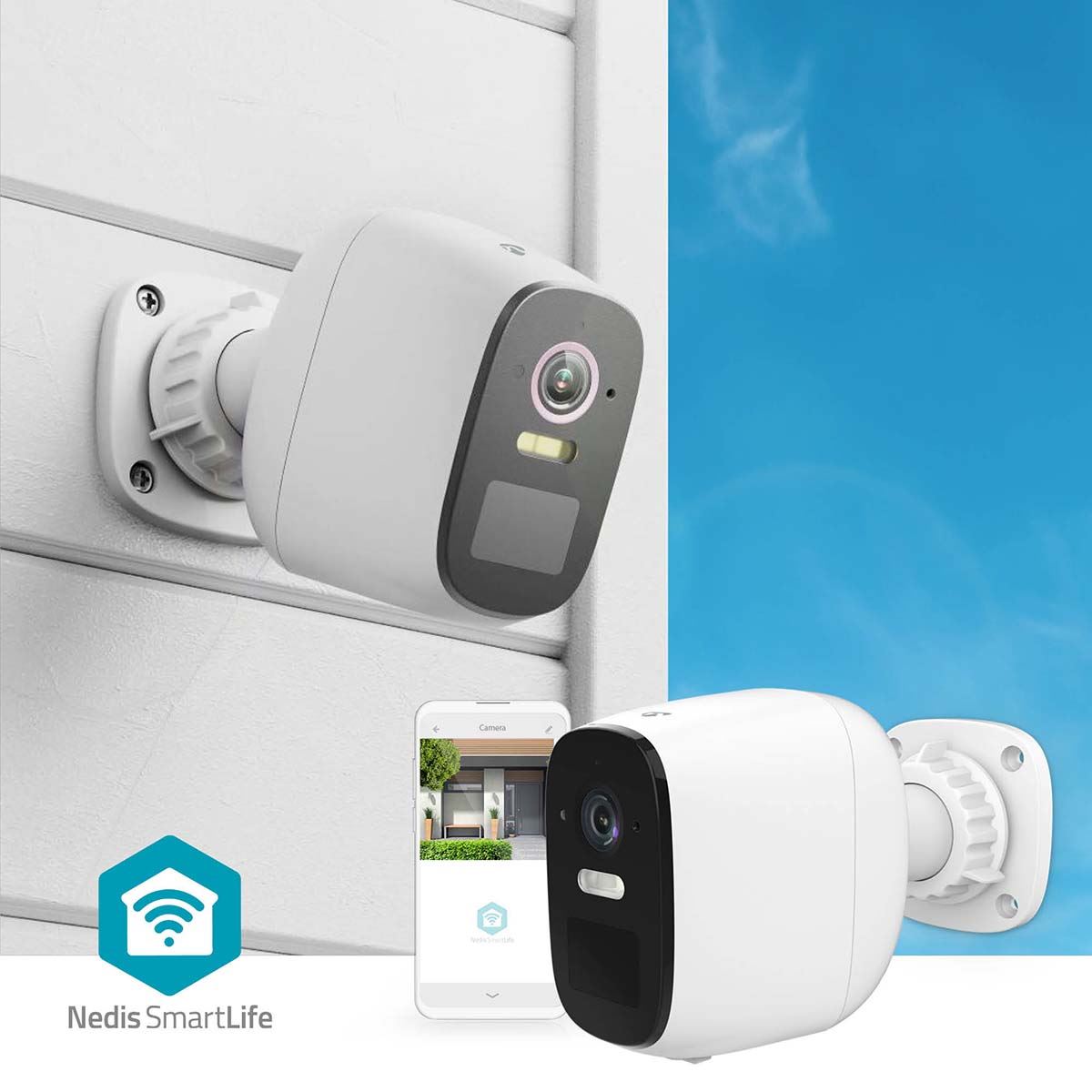 Nedis SmartLife Outdoor Camera | Wi-Fi | Spotlight | 4MP Quad HD 1440p / 2560x1440 | Pan tilt | IP66 | Max. battery life: 10 Months | Cloud Storage (optional) / microSD (not included) | 5 V DC | With motion sensor | Night vision | White