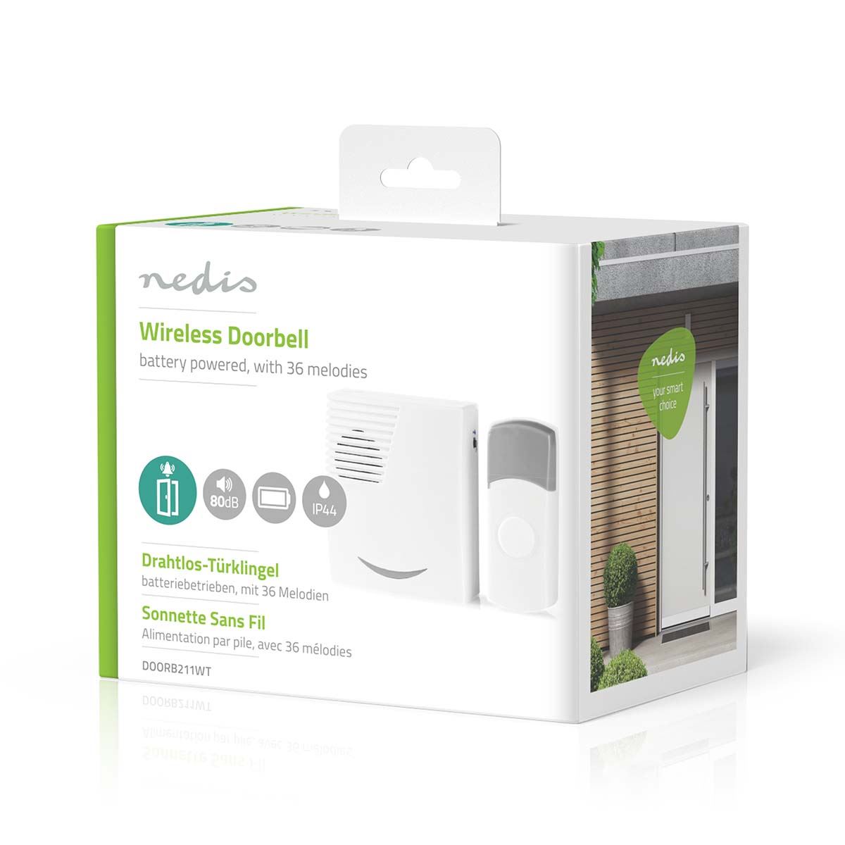Nedis Wireless Doorbell Set | Battery Powered | 3 V DC | 1x CR2032 | Volume: 80 dB | Signal range: 300 m | IP44 | 36 Melodies | 1 Receiver | Grey / White