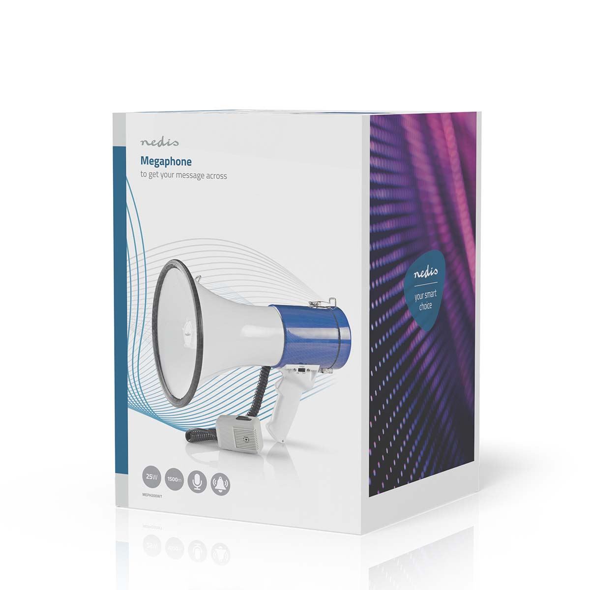 Nedis Megaphone | Maximum range: 1500 m | Maximum Volume control: 120 dB | Detachable Microphone | Built-in siren | Shoulder strap | Blue / White