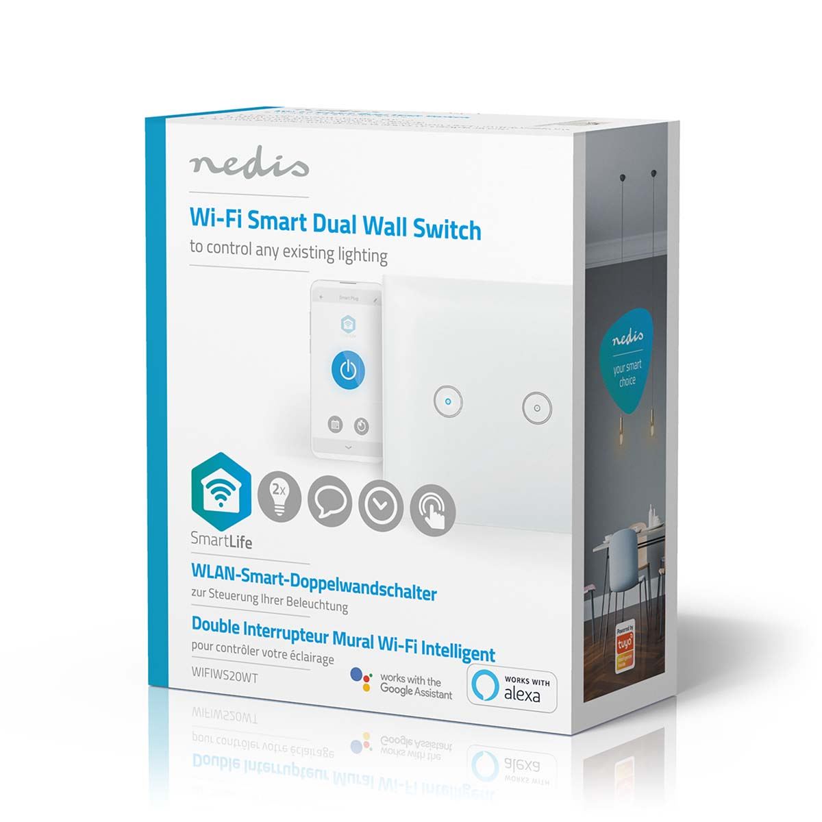 Nedis SmartLife Wall Switch | Wi-Fi | Dual | Wall Mount | 1000 W | Android™ / IOS | Glass | White