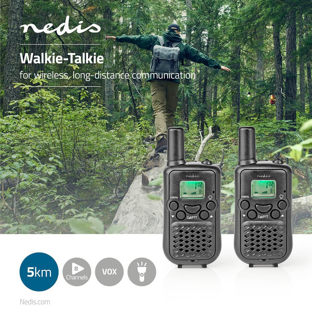 Nedis Walkie-Talkie Set | 2 Handsets | Up to 5 km | Frequency channels: 8 | PTT / VOX | up to 2.5 Hours | Black