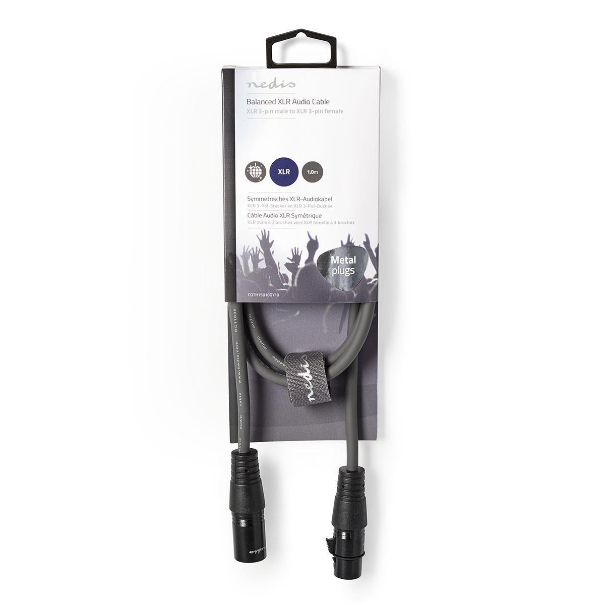 Nedis Balanced Audio Cable | XLR 3-Pin Male | XLR 3-Pin Female | Nickel Plated | 1.00 m | Round | PVC | Dark Grey | Carton Sleeve