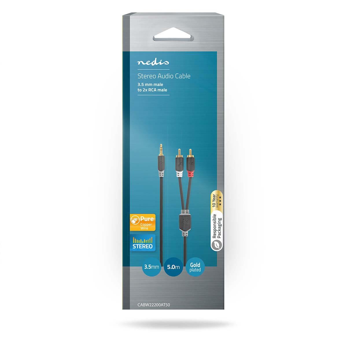 Nedis Stereo Audio Cable | 3.5 mm Male | 2x RCA Male | Gold Plated | 5.00 m | Round | Anthracite | Box