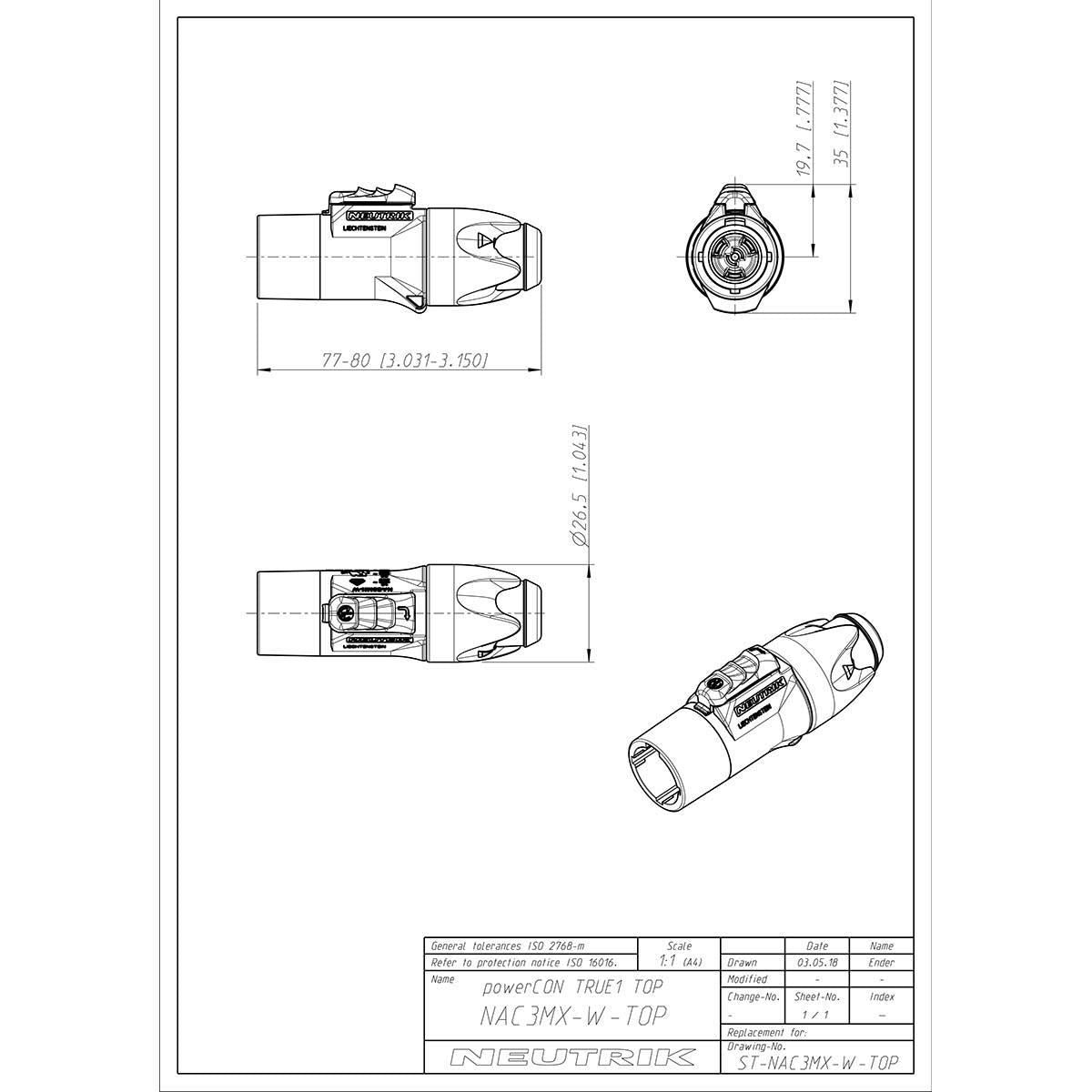 Neutrik NTR-NAC3MX-W-T | Locking male cable connector, screw terminals