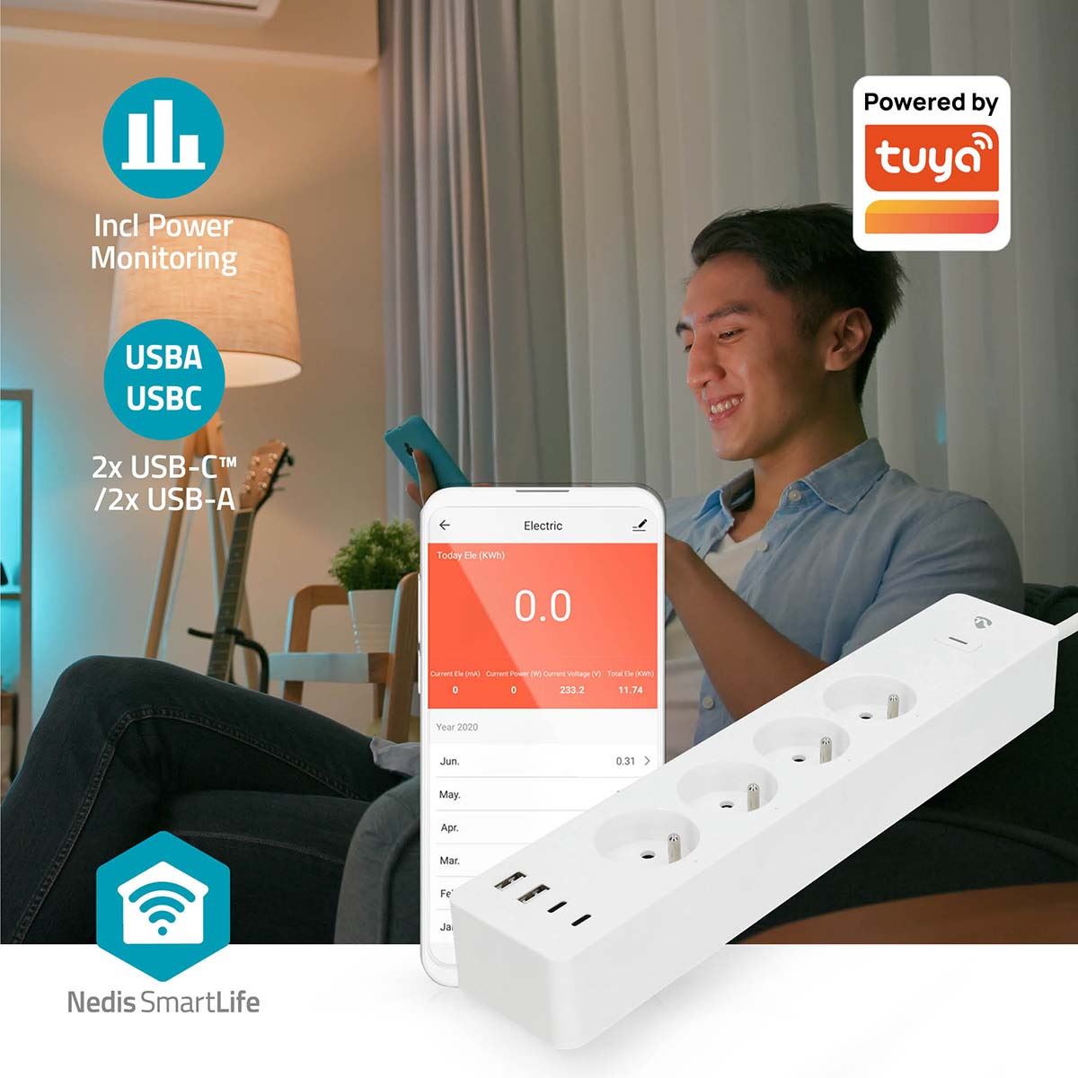 Nedis SmartLife Power Strip | Wi-Fi | 2x USB-A / 2x USB-C™ / 4x plug with earth contact (CEE 7/5) | 16 A | 3680 W | 2.00 m | 0 - 55 °C | Android™ / IOS | White