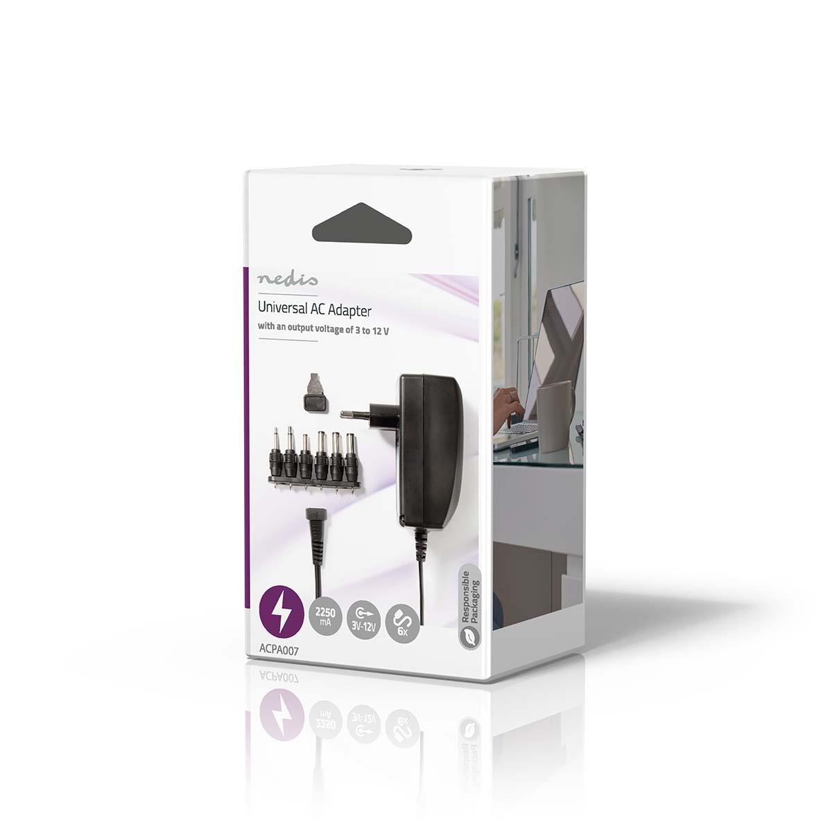Nedis Universal EU AC Power Adapter | 27 W | 3 - 12 V DC | 1.80 m | 2.25 A | 6 plug(s) | Black