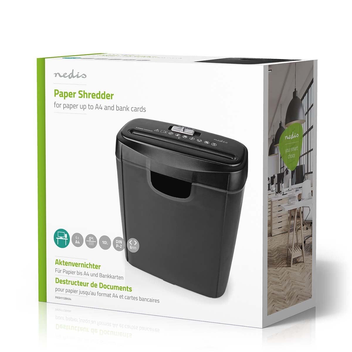 Nedis Paper Shredder | Strip Cut | 6x A4 pages | 10 l | Safety standard: DIN 2 | 190 W | Black