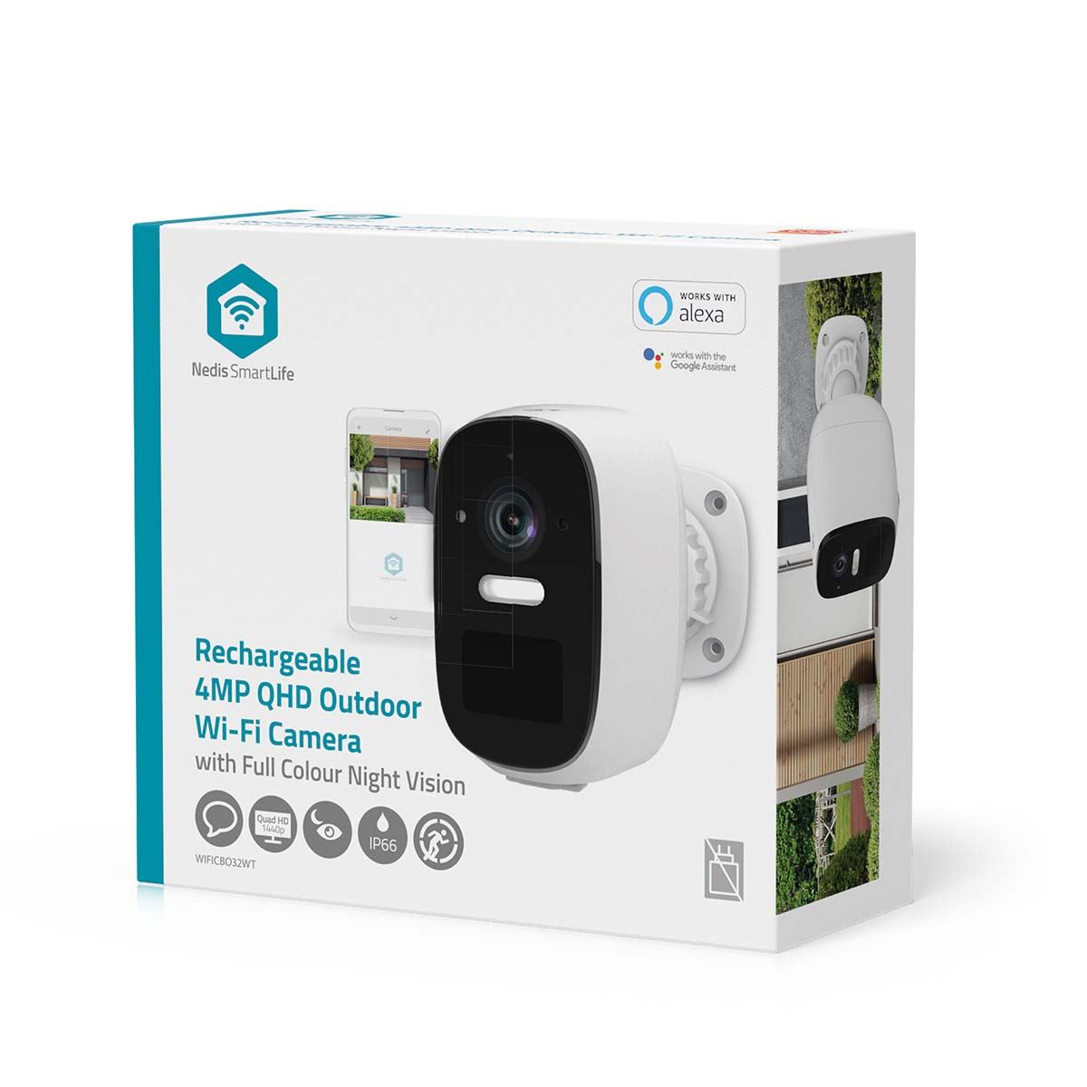 Nedis SmartLife Outdoor Camera | Wi-Fi | Spotlight | 4MP Quad HD 1440p / 2560x1440 | Pan tilt | IP66 | Max. battery life: 10 Months | Cloud Storage (optional) / microSD (not included) | 5 V DC | With motion sensor | Night vision | White
