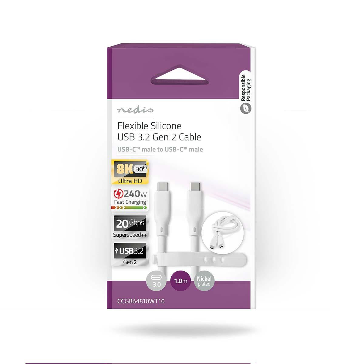 Nedis USB Cable | USB 3.2 Gen 2 | USB-C™ Male | USB-C™ Male | 240 W | 8K@30Hz | 20 Gbps | Nickel Plated | 1.00 m | Round | Silicone | White | Box
