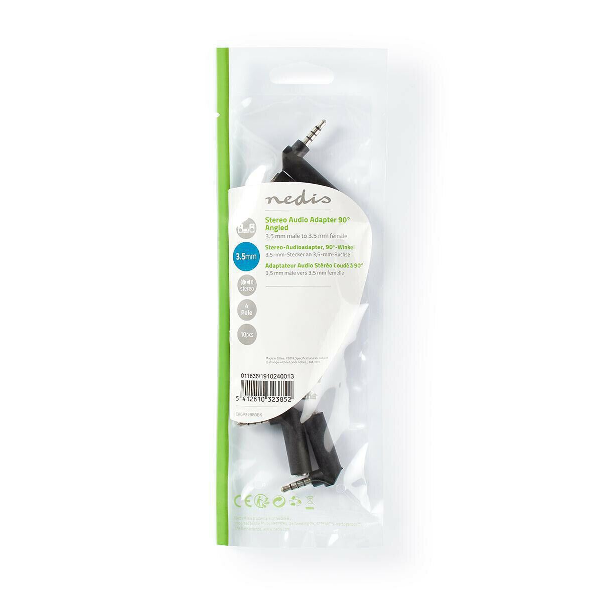 Nedis CAGP22980BK | Stereo Audio Adapter | 3.5 mm Male | 3.5 mm Female | Nickel Plated | Angled 90° | Metal | Black | 10 pcs | Polybag
