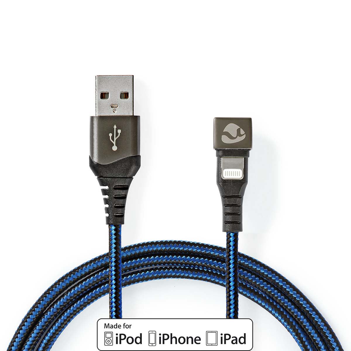 Nedis USB Cable | USB 2.0 | Apple Lightning 8-Pin | USB-A Male | 12 W | 480 Mbps | Nickel Plated | 2.00 m | Round | Braided / Nylon | Black / Blue | Cover Window Box
