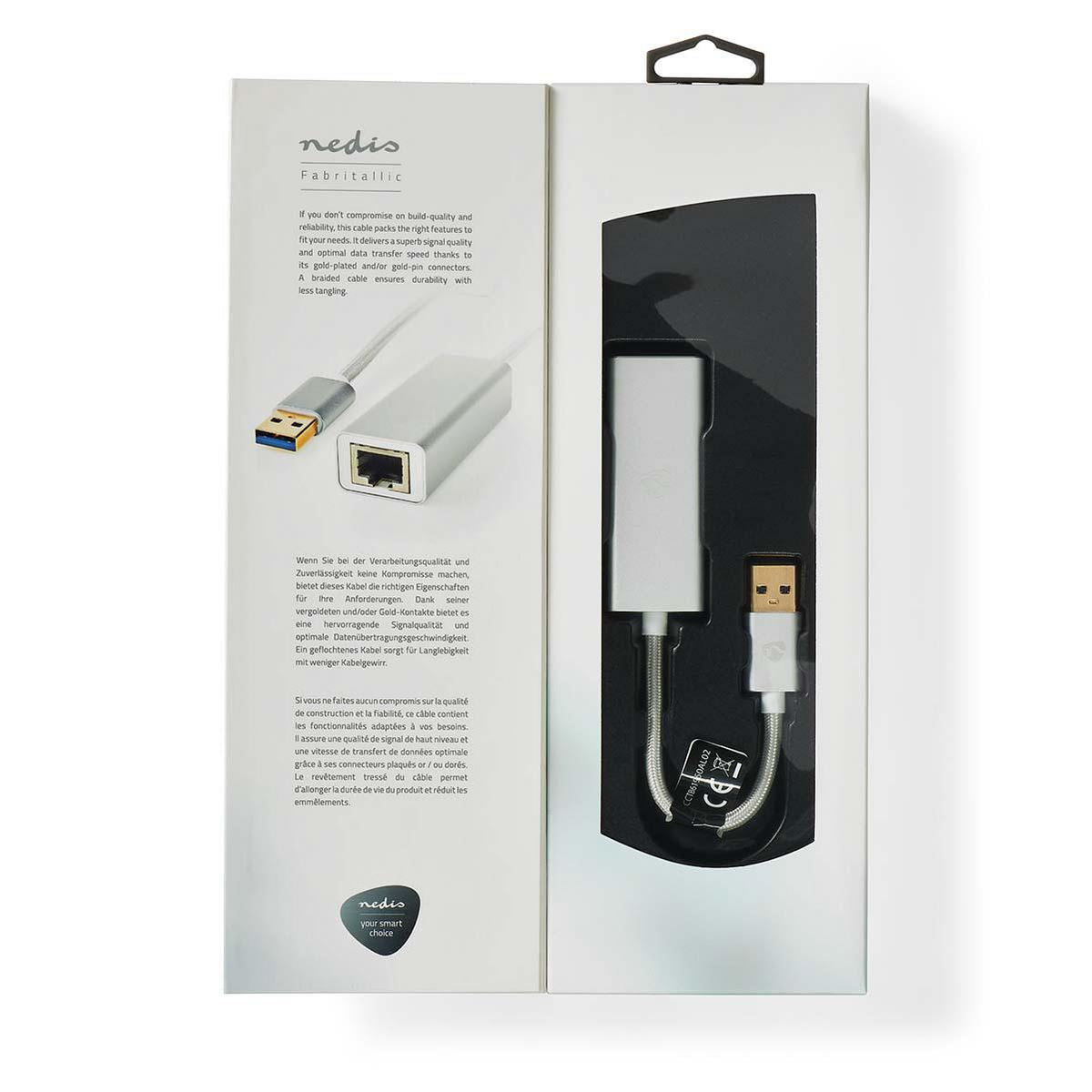 Nedis USB Network Adapter | USB 3.2 Gen 1 | 1 Gbps | USB-A Male | RJ45 Female | 0.20 m | Round | Gold Plated | Bare Copper | Silver | Cover Window Box
