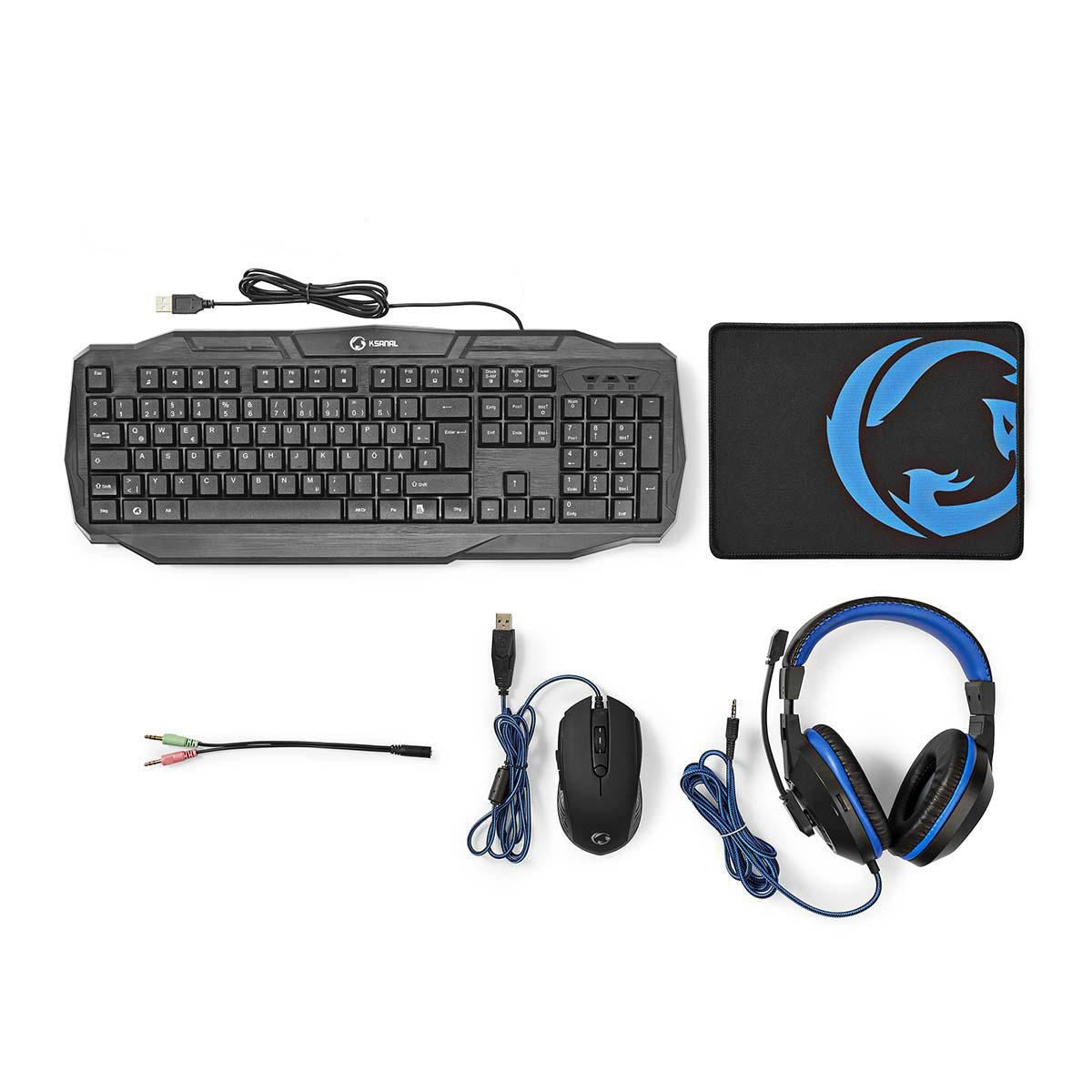 Nedis Gaming Combo Kit | 4-in-1 | Keyboard, Headset, Mouse and Mouse Pad | Black / Blue | QWERTZ | DE Layout