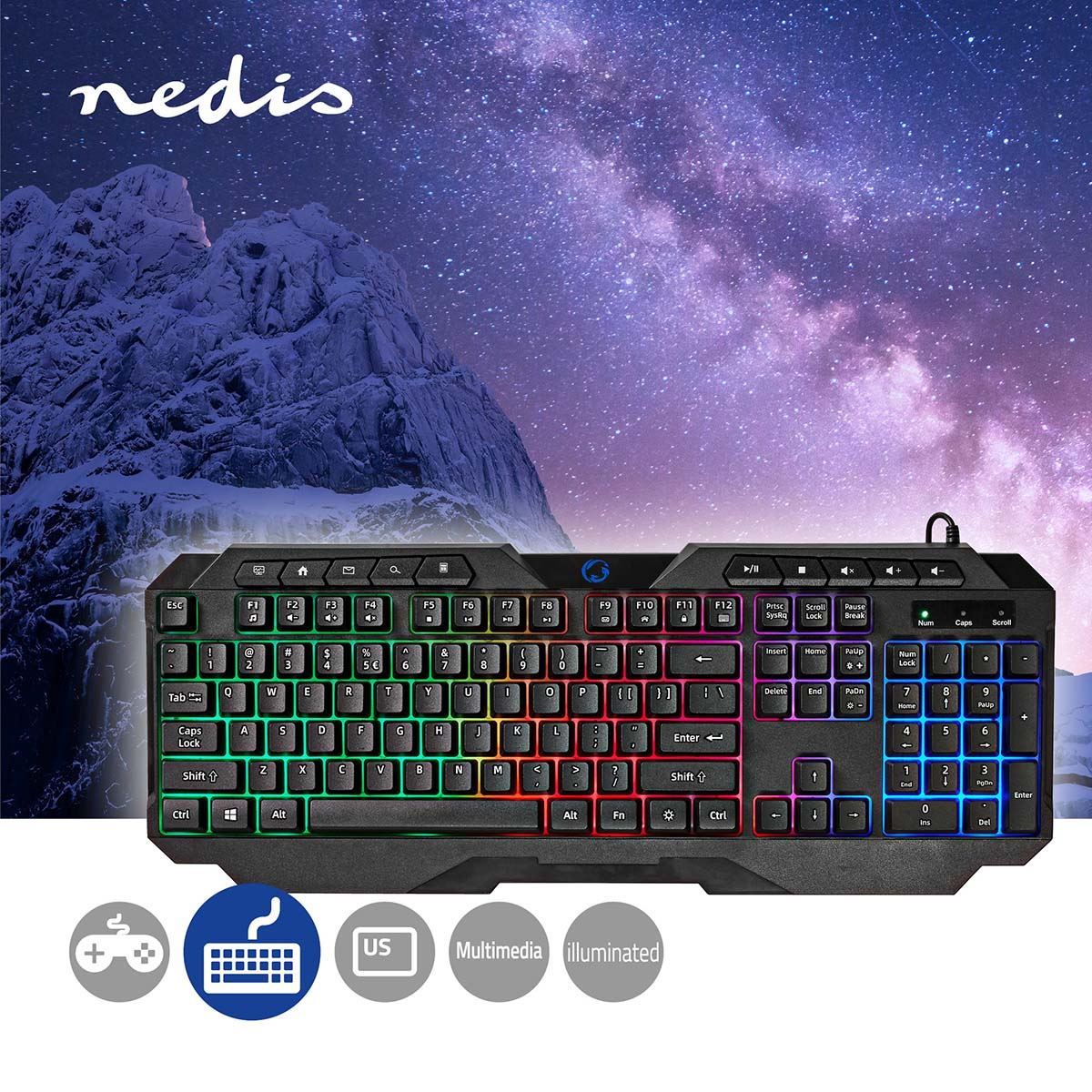Nedis Wired Gaming Keyboard | USB Type-A | Membrane Keys | LED | QWERTY | US Layout | USB Powered | Power cable length: 1.30 m | Multimedia