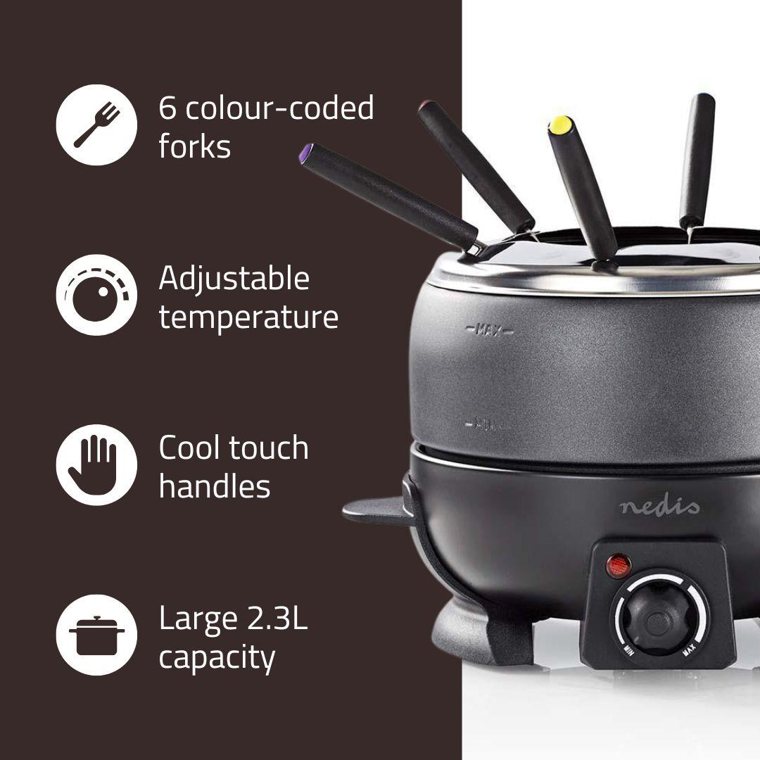 Nedis 2.3L Electric Fondue Set with 6 Forks and Adjustable Temperature