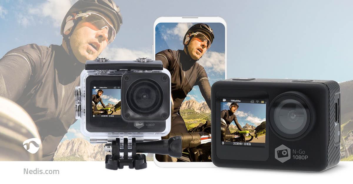 Nedis Action Cam | Dual Screen | 1080p@30fps | 12 MPixel | Waterproof up to: 30.0 m | 70 min | Wi-Fi | App available for: Android™ / IOS | Mounts included | Black