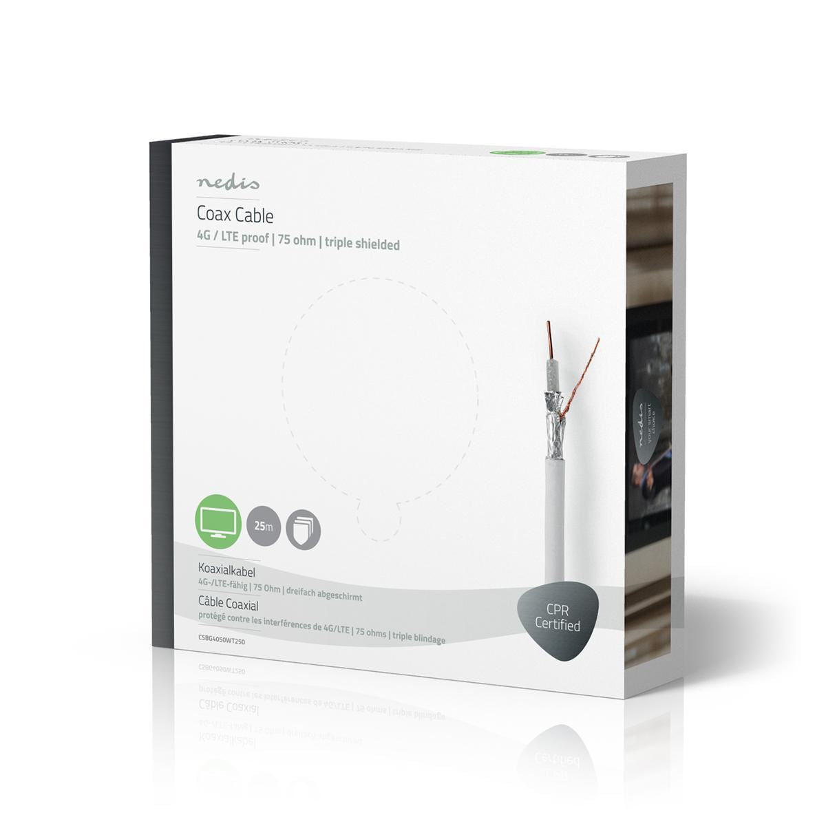 Nedis Coax Cable On Reel | 4G / LTE secure | 75 Ohm | Triple Shielded | ECA | 25.0 m | Coax | PVC | White | Gift Box