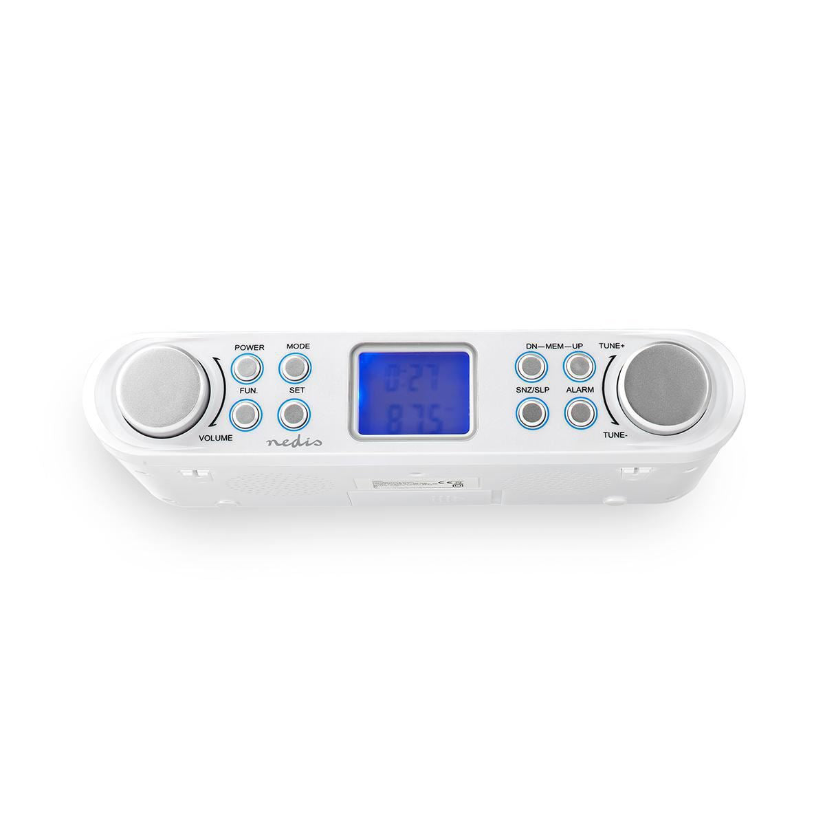 Nedis Kitchen Radio | Cabinet Design | FM | Mains Powered | Digital | 1.5 W | 2 " | Black Blue Screen | Alarm clock | Silver / White