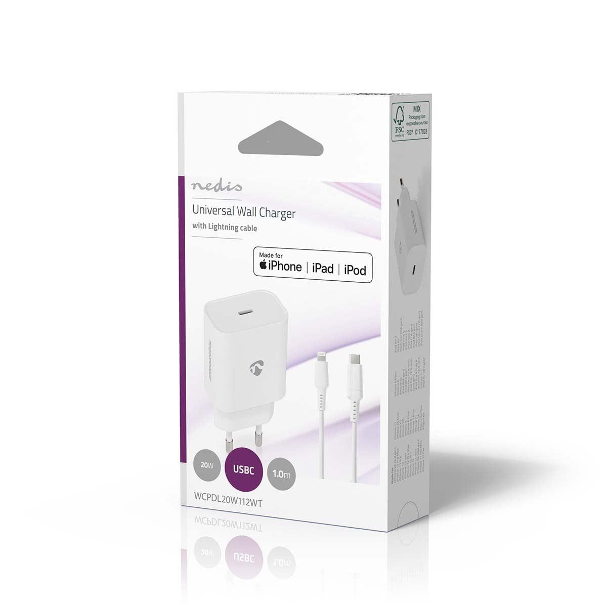 Nedis Wall Charger | 20 W | Quick charge feature | 1.67 / 2.22 / 3.0 A | Number of outputs: 1 | USB-C™ | Lightning 8-Pin (Loose) Cable | 1.00 m | Automatic Voltage Selection | White