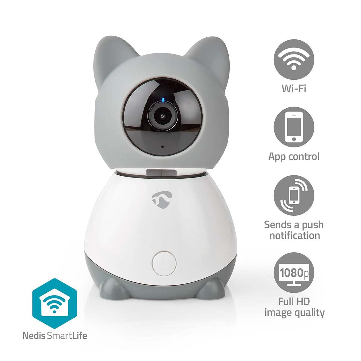 Nedis SmartLife Indoor Camera | Wi-Fi | Full HD 1080p | Pan tilt | Cloud Storage (optional) / microSD (not included) | With motion sensor | Night vision | Grey / White