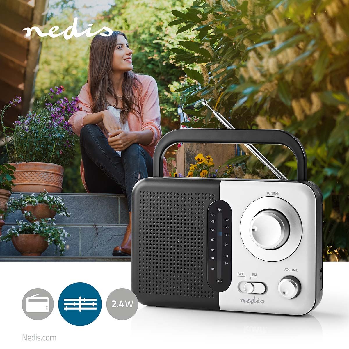 Nedis FM Radio | Portable Design | FM | Battery Powered / Mains Powered | Analogue | 2.4 W | Black White Screen | Headphone output | Carrying handle | Black / White