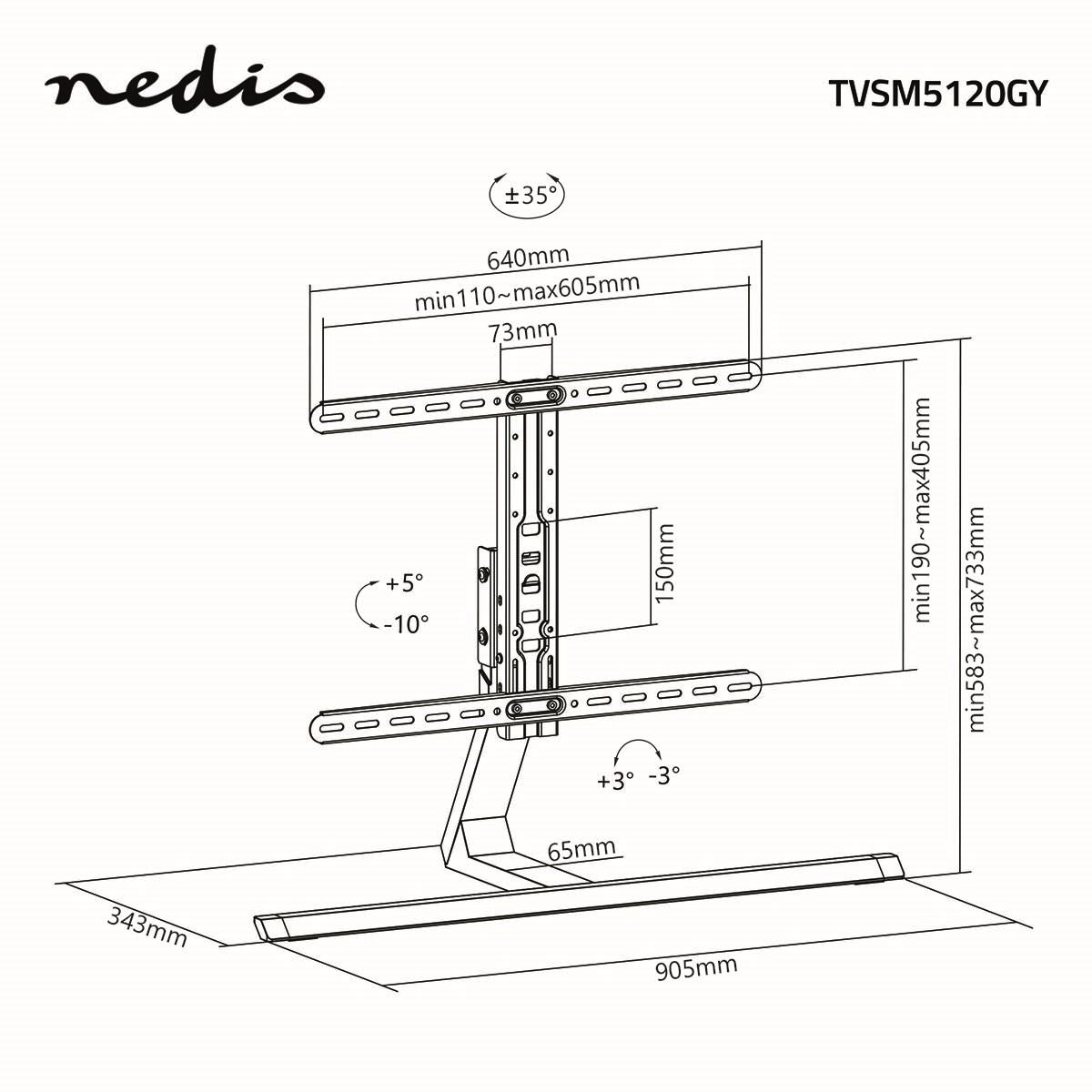 Nedis Full Motion TV Stand | 37 - 75 " | Maximum supported screen weight: 40 kg | Tiltable | Rotatable | Adjustable pre-fixed heights | Aluminium / Steel | Grey