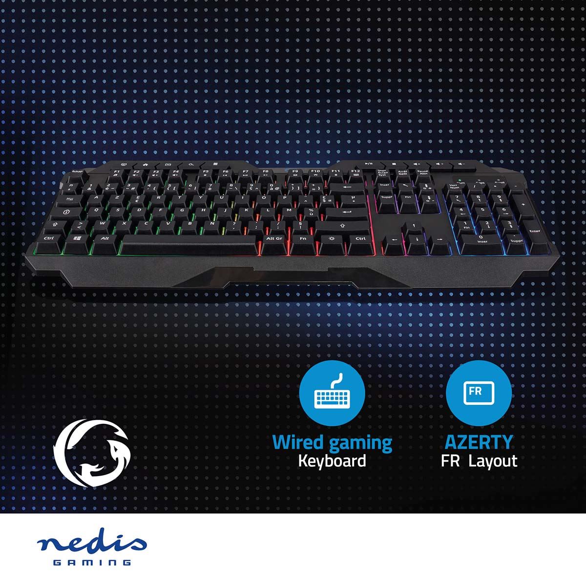 Nedis Wired Gaming Keyboard | USB Type-A | Membrane Keys | LED | AZERTY | FR Layout | USB Powered | Power cable length: 1.30 m | Multimedia