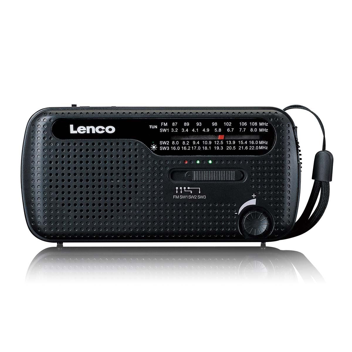 Lenco Portable wind-up Emergency FM Radio, Flashlight and Power bank in one - Black