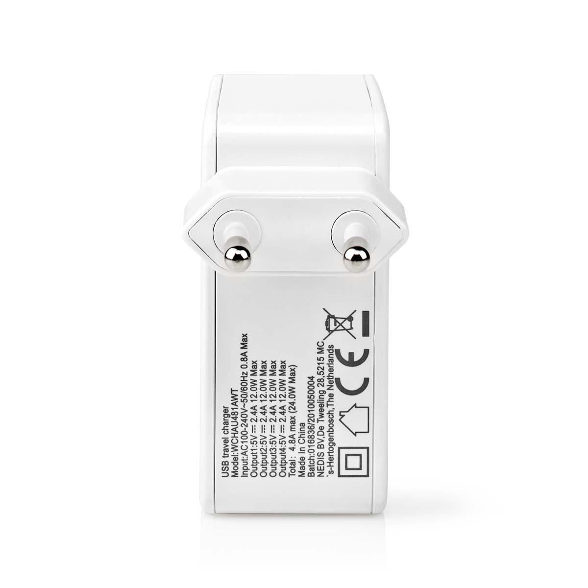 Nedis Wall Charger | 24 W | Quick charge feature | 4x 2.4 A | Number of outputs: 4 | 4x USB-A | No Cable Included | Single Voltage Output | White