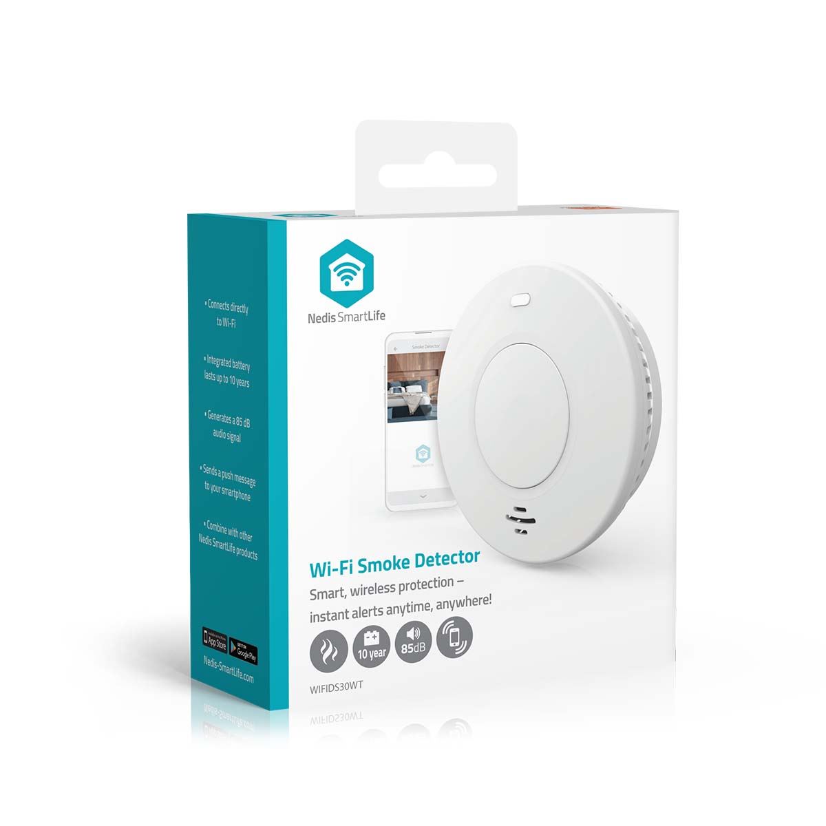 Nedis SmartLife Smoke Detector | Wi-Fi | Battery Powered | Sensor life cycle: 10 year | EN 14604 | Max. battery life: 120 Months